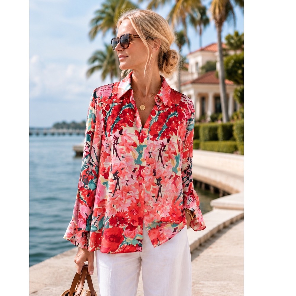 NWT H&M Pink Red Floral Satin Long Sleeve Button Down Shirt Blouse XL